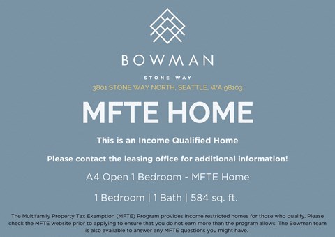 An advertisement for a bowman MFTE home located at 3801 Stone Way North Seattle, WA 98103.